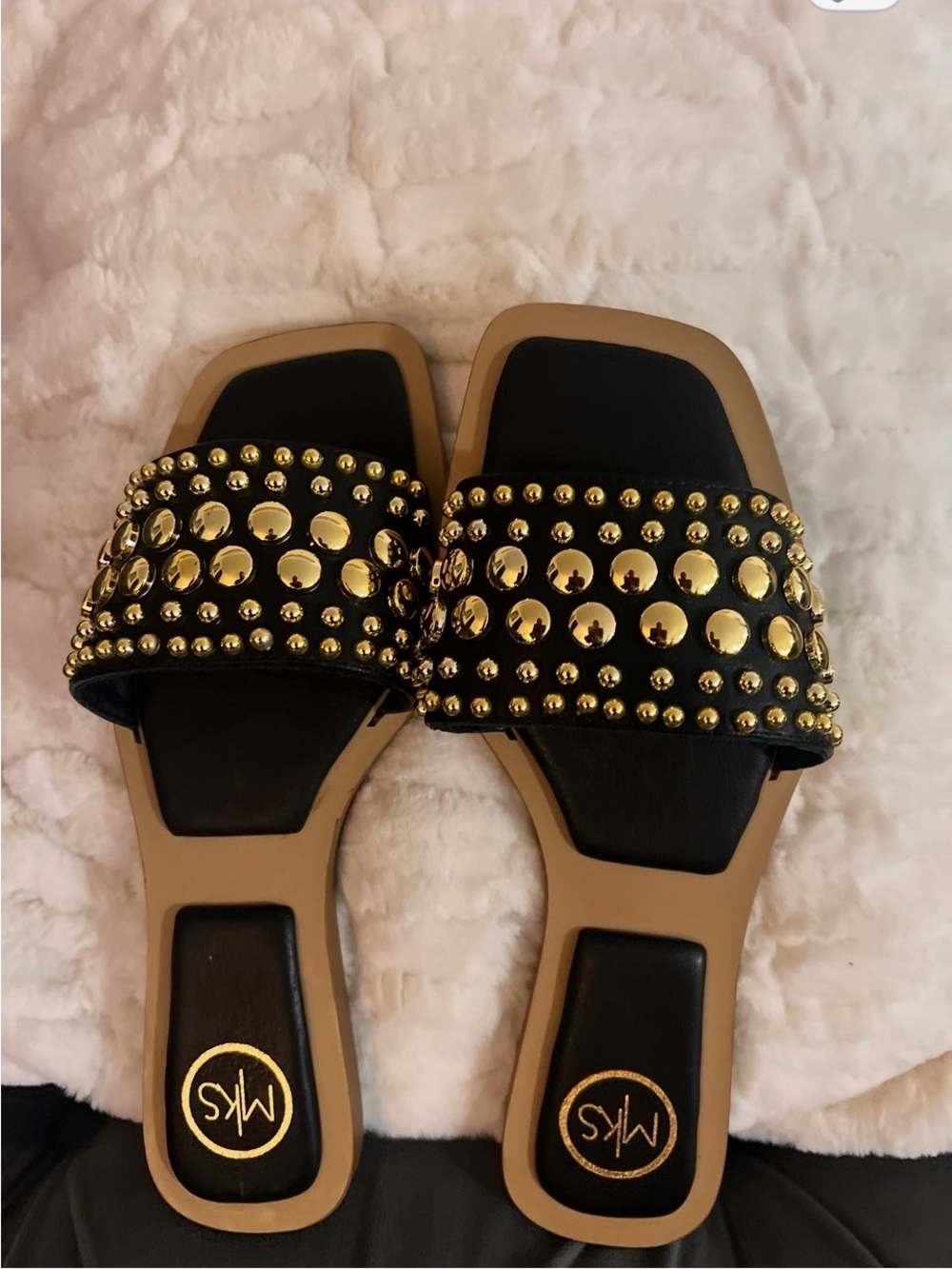 Black and Tan Studded Slide Sandals